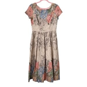 Adrianna Papell Dress Womens Size 2 Tan Floral Jacquard Sequin Midi Cocktail